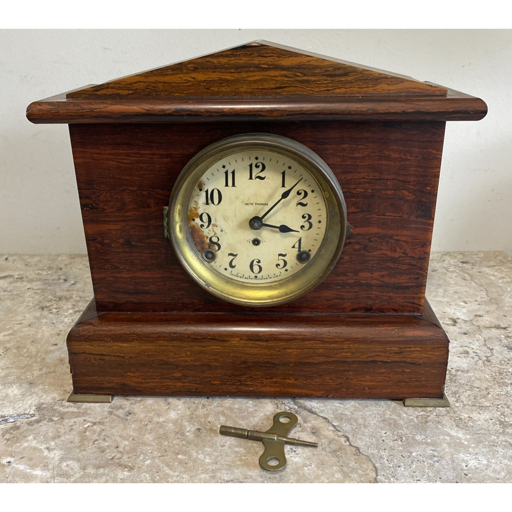 Antique Seth Thomas Mantel Chime Clock 12"x12"x6" With Key Tested Works